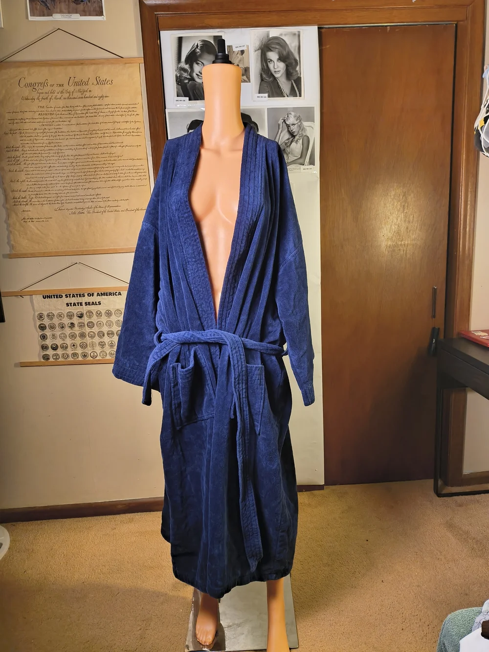 Unisex XXL Navy Blue Plush Bathrobe Shawl Collar Belted Long Robe